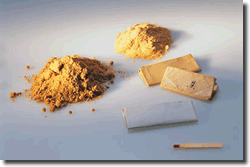Brown heroin powder and packaging